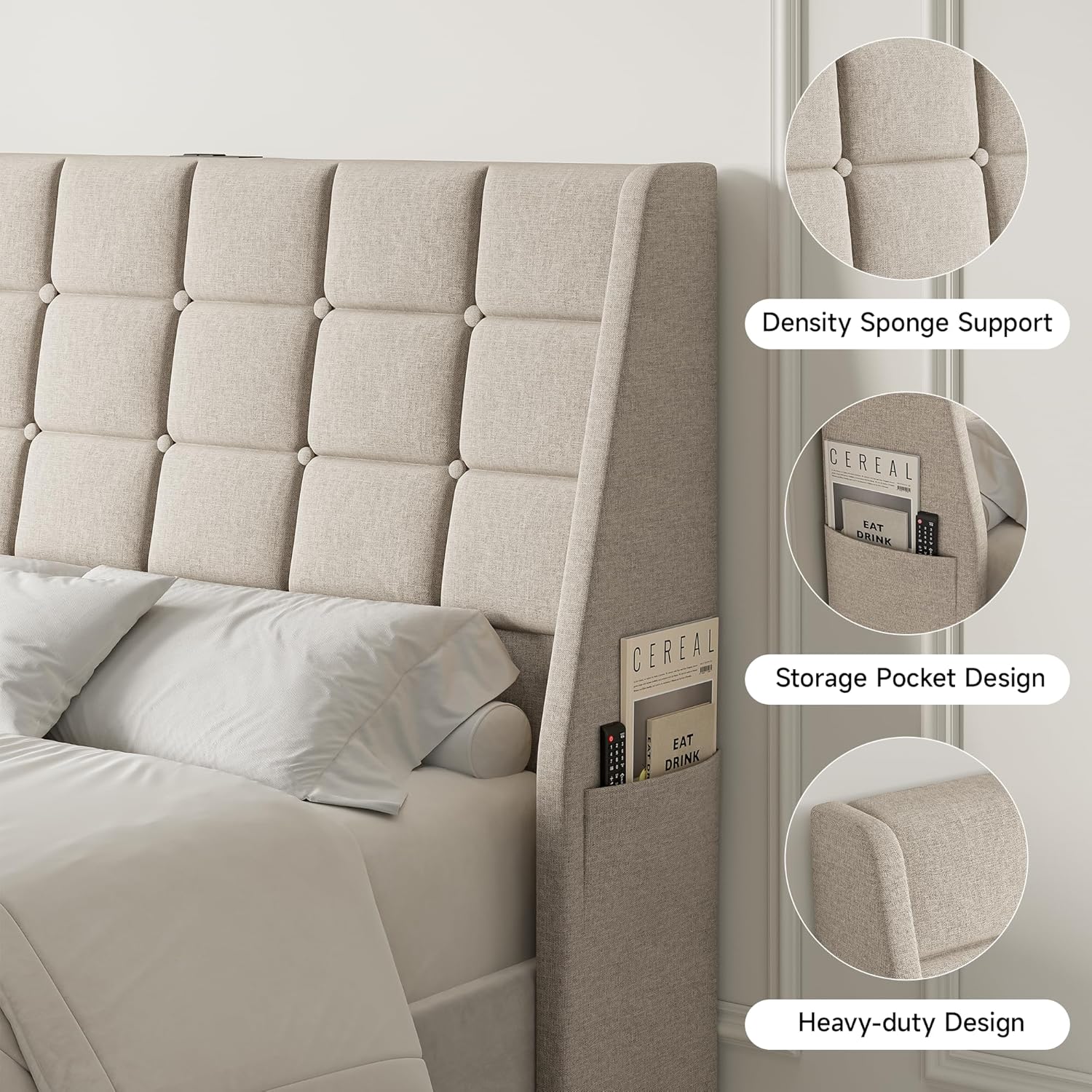 Full Size Headboard with Charging Station, Ergonomic Upholstered Linen Headboards Only, Wingback Wood Bed Head Board with Storage Pocket, Bed Frame Adapters, White Beige