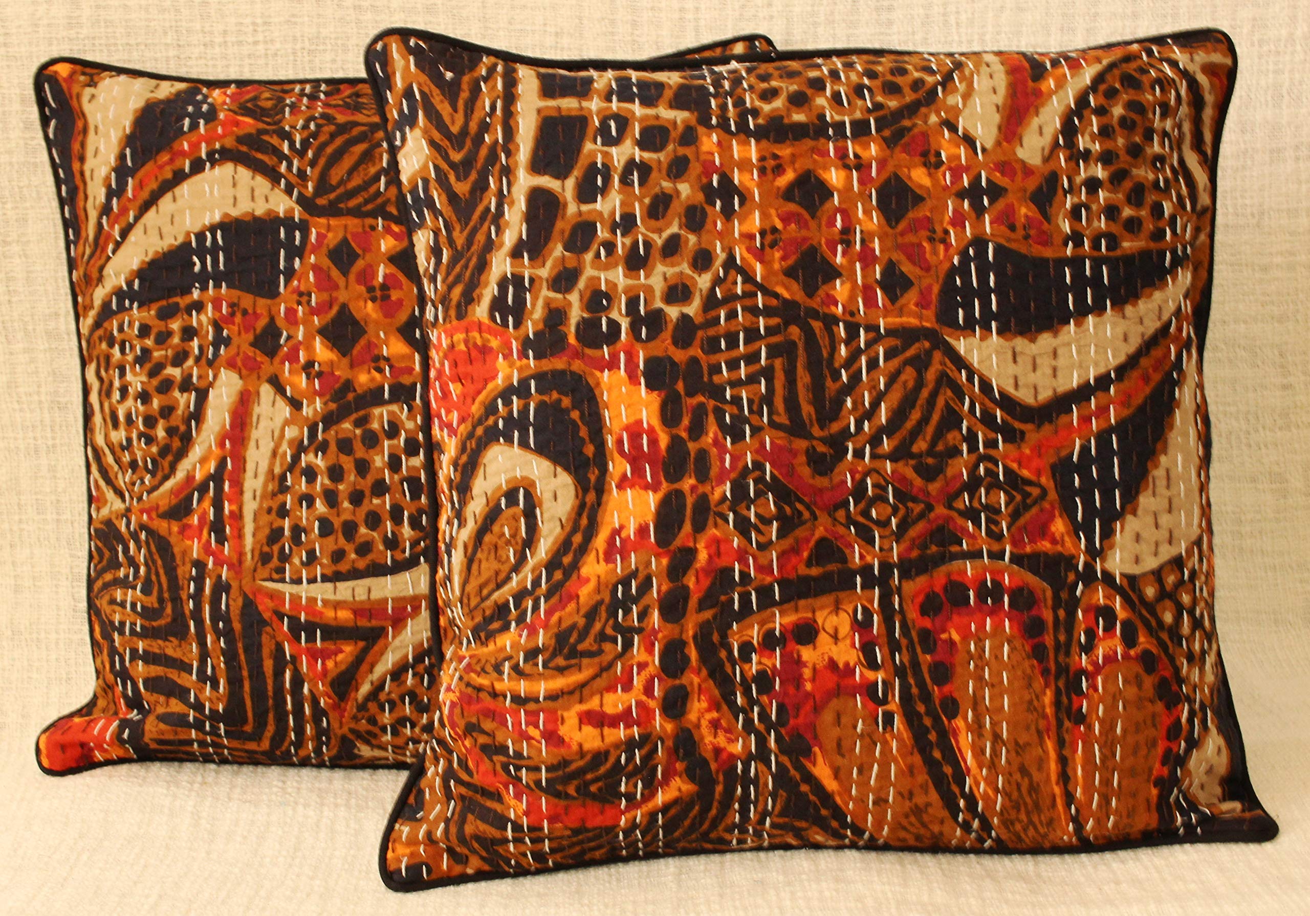 Agasvi Cotton Brown Red Floral Print Kantha Hand Embroidered Square Cushion Covers Sets Decorative Pillow for Home 16 x 16 Inch Set of 2