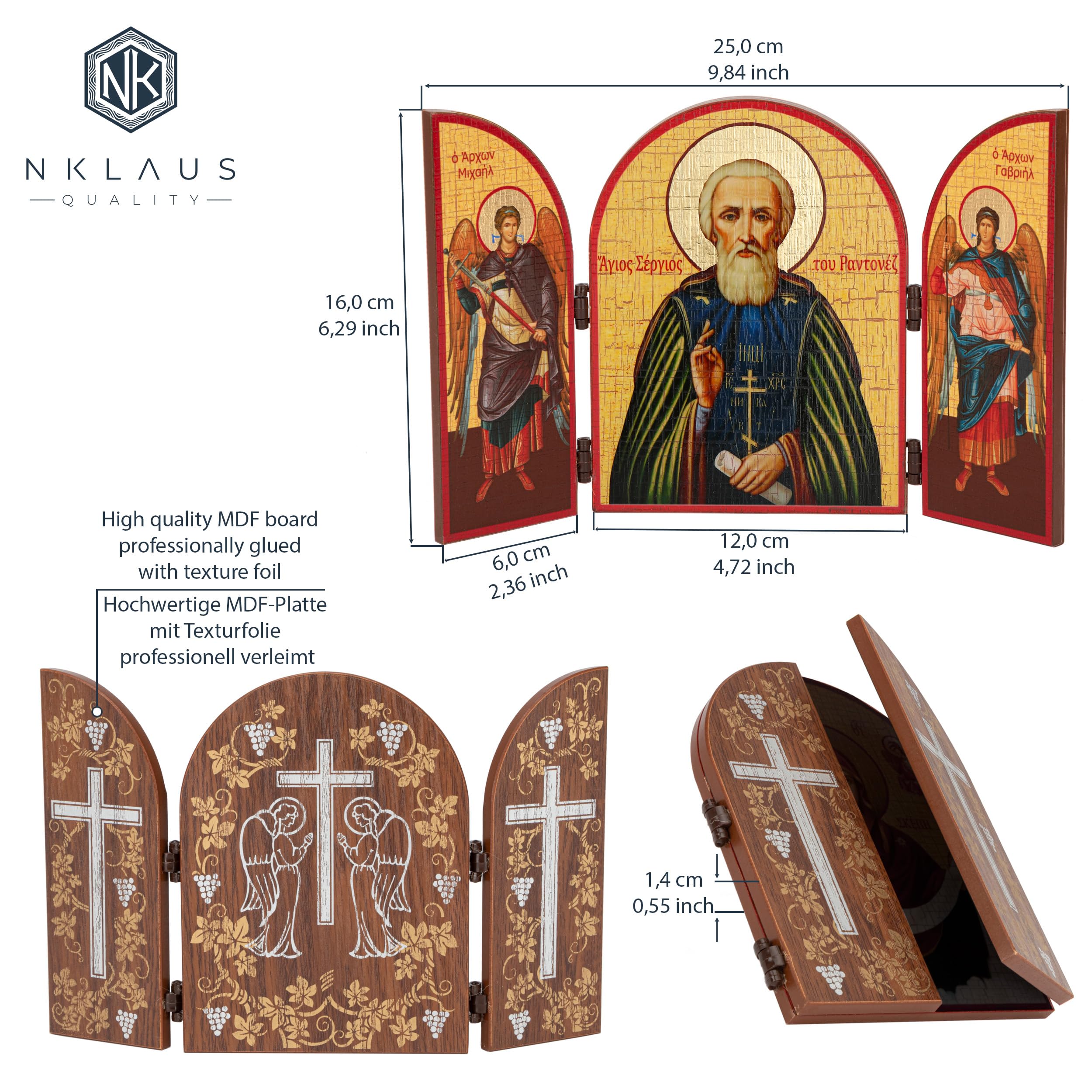 NKlaus Sergius of Radonezh Icon Triptych MDF Wood 25 x 16 cm Christian 13796, Sergius Von Radonezh, 25L x 16W cm - Image 2