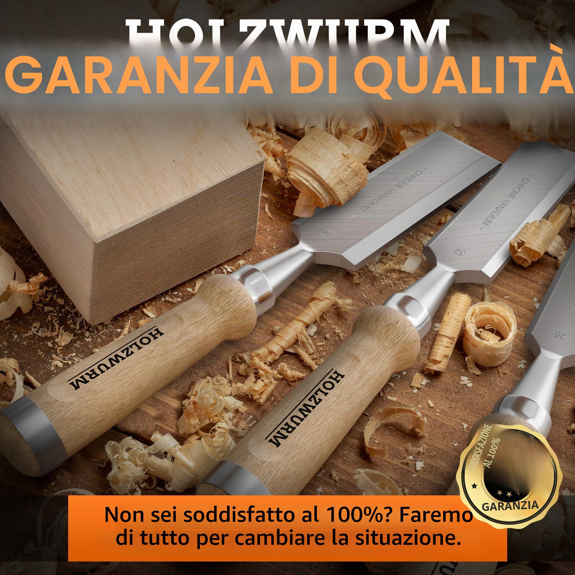 HOLZWURM Set di scalpelli per legno professionali, set di 6 scalpelli con pietra per affilare, istruzioni (EN) per l'affilatura e custodia in legno