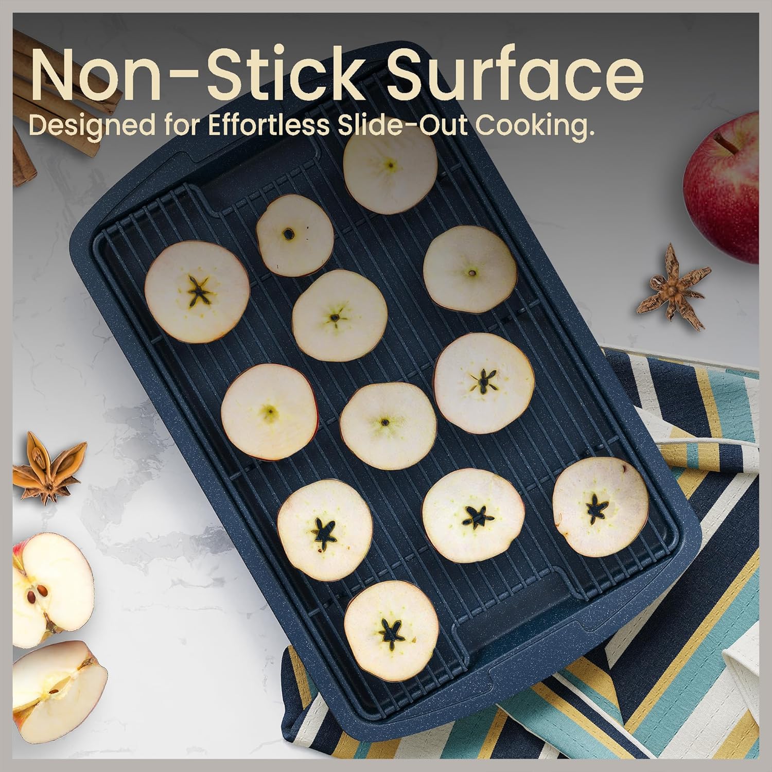 Cookie Sheet with Wire Rack Set, 2-Piece Nonstick Blue Marble Carbon Steel Pan & Cooling Rack, Space-Saving Stackable Set, PFOA, PFOS, PTFE Free, Oven Safe Up to 450°F, 17.4" Pan & 14.7" Rack - Image 7