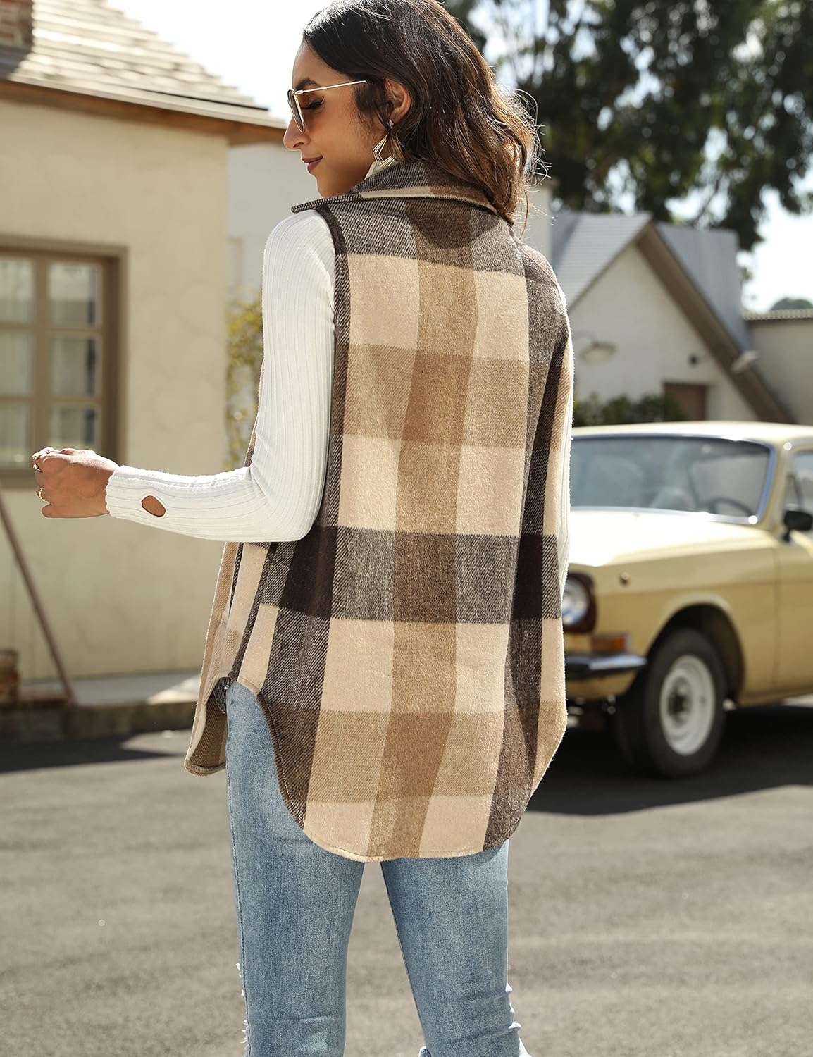 Tanming Women's Plaid Vest Brushed Flannel Sleeveless Shacket Shirt Jacket with Pockets - Image 7