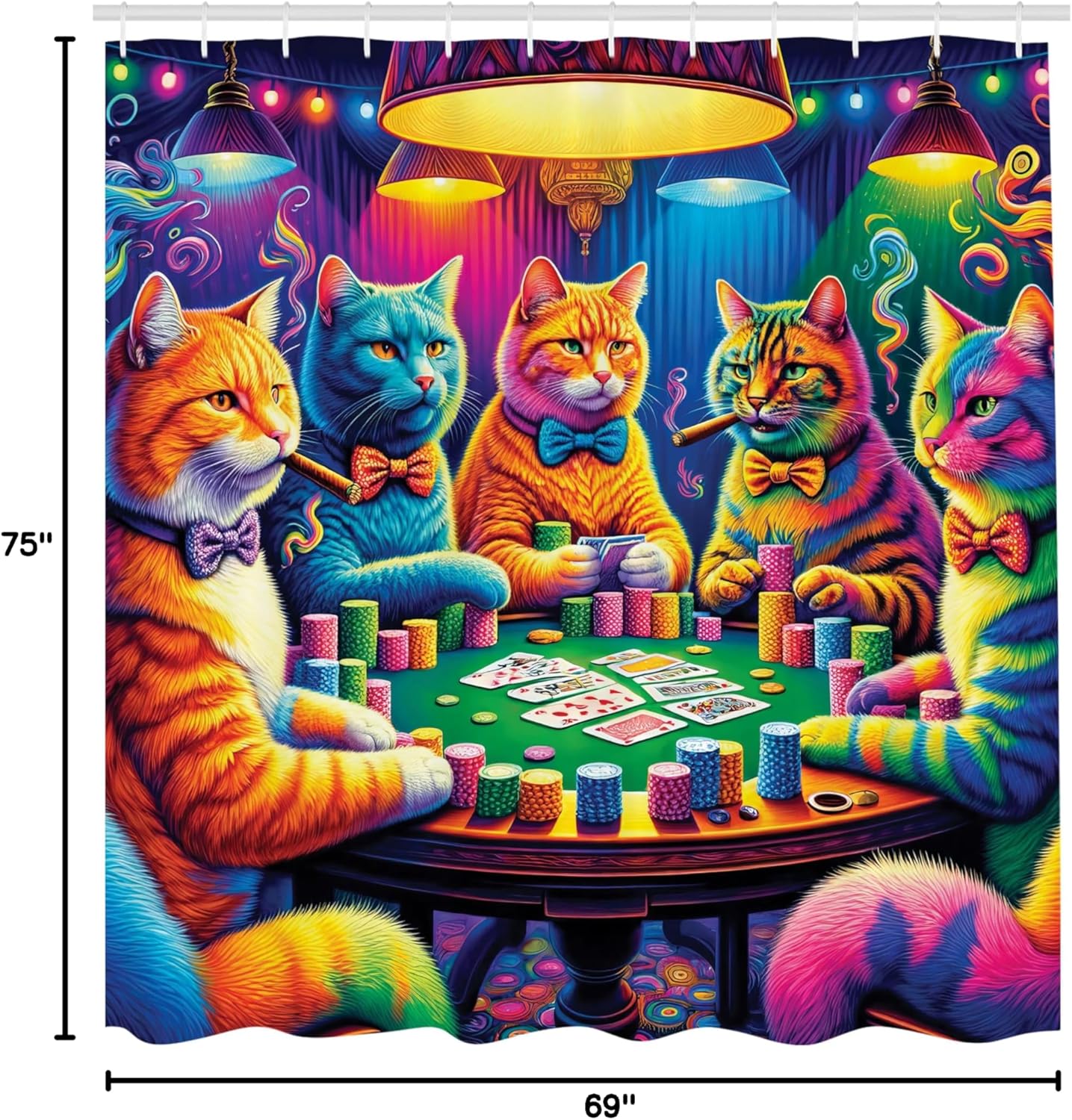Ambesonne Cat Shower Curtain, Colorful Art of Kitties Play Poker Gambling Multicolor Psychedelic Scene, Cloth Fabric Bathroom Decor Set with Hooks, 69" W x 75" L, Magenta Orange and Purple