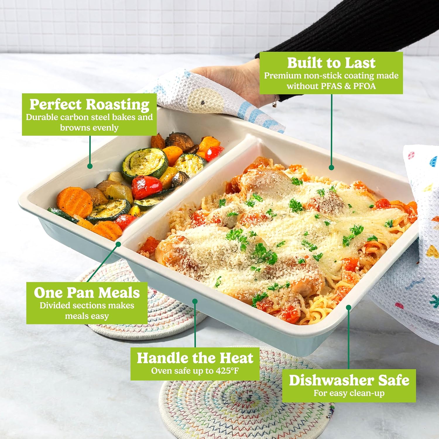 Tasty Smart Solutions Bakeware, 13-Inch x 9-Inch 2-Section Roasting Pan, Durable Carbon Steel for Even Cooking, Premium Nonstick Coating, Divided Design for One-Pan Meals, Dishwasher Safe, Aqua