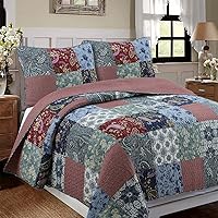 Vista 13 de Cozy Line Home Fashions Juego de ropa de cama reversible de 100 % algodón, diseño de retazos rojos con estampado floral de cachemira y volantes