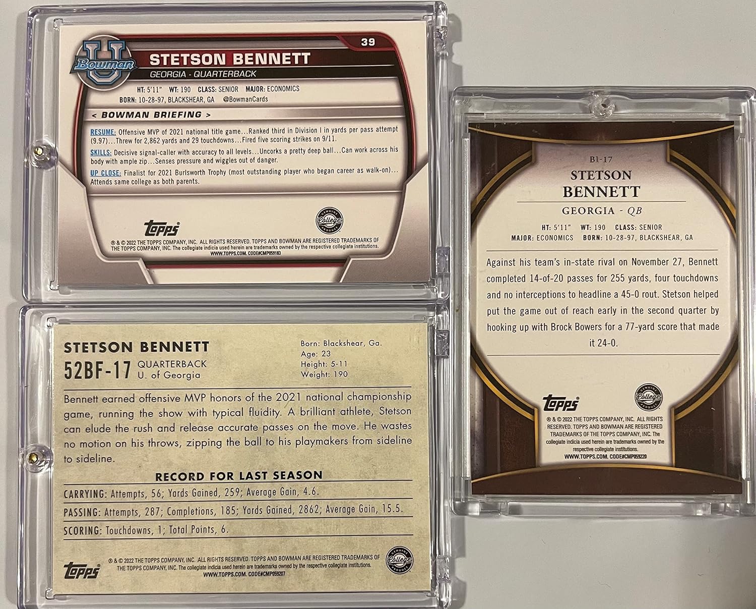 2022 Bowman University Chrome Stetson Bennett -3 Total Cards Rookie Lot- Includes Base Chrome Card #39, 1952 Bowman Football Throwbacks Refractor #52BF-17, and a Bowman Invicta #BI-17- Georgia Bulldogs- Back to Back National Championship MVP- All 3 Cards Shipped in Protective Screwdown Holder!