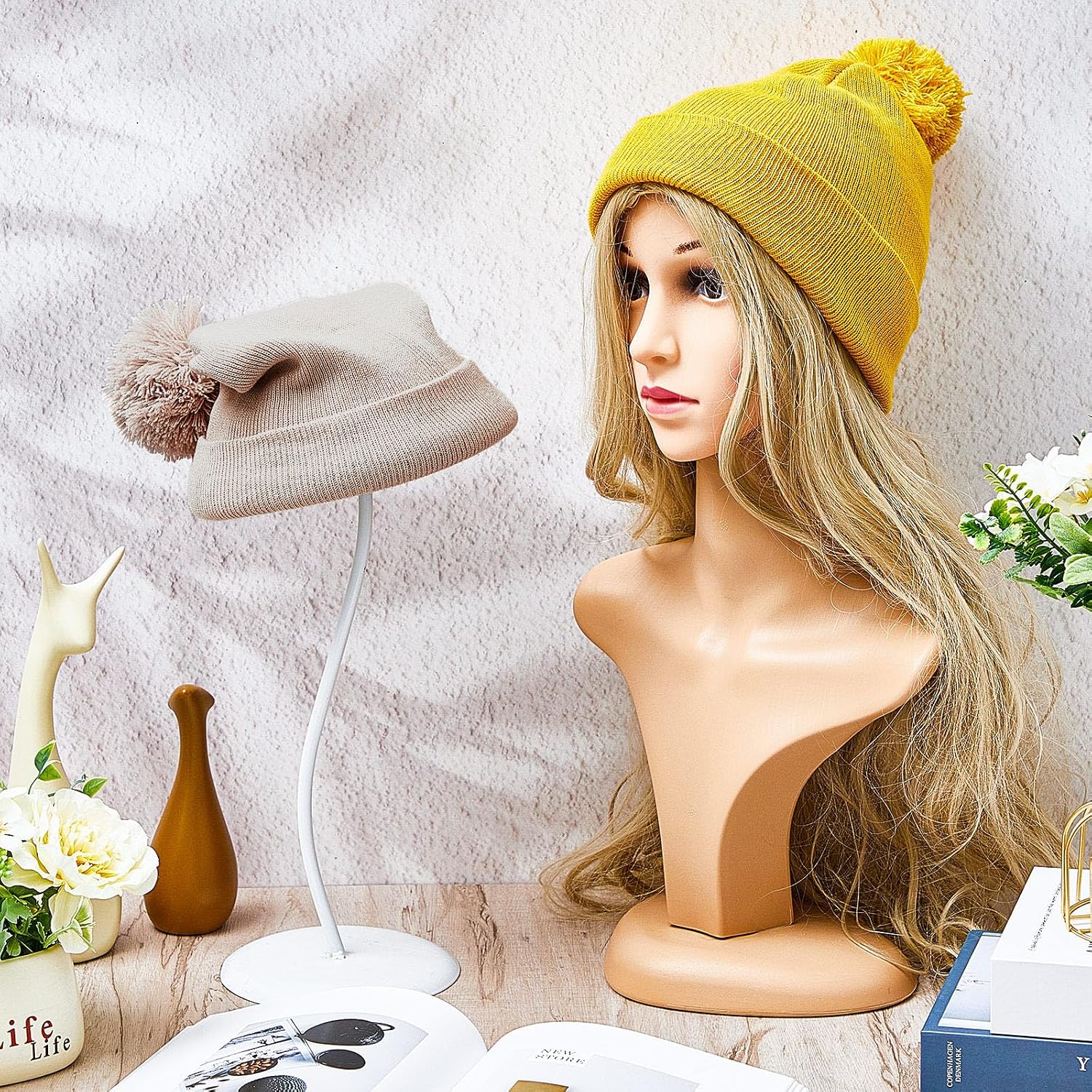 Geyoga 2 Pcs Pom Beanie Hat Men Women Winter Hat Pom Knit Cap Beanies with Ball at Top Acrylic Winter Cap with Cuff