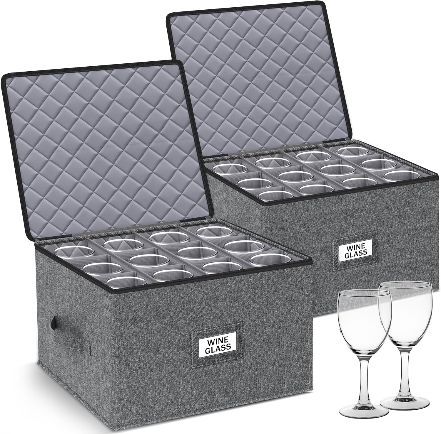 Kukikan Wine Glass Storage Holder, Hard Shell, 2 Pack for 24 Glassware | Quilted Oxford Cloth, Stackable Stemware Storage with Dividers, Hard Shell Sides & Bottom for Glass Drinkware 9.2" Tall