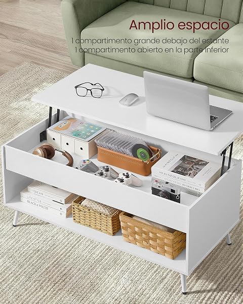 VASAGLE Mesa de Centro, Mesa de Café con Tablero Elevable, Resorte de Gas, Compartimento Oculto, Estante Abierto, para Sala de Estar, Comedor, Oficina, Blanco Nieve y Blanco Mate LCT267WE01 - 5