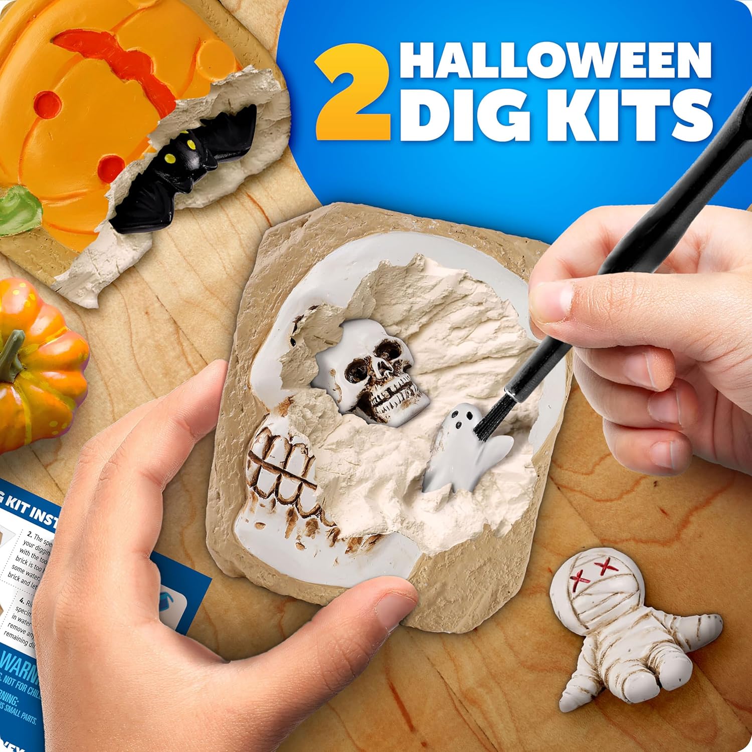 Blue Marble Halloween Dig Kit – Excavation Set with Skull & Pumpkin Dig Bricks, Includes Ghost, Mummy, Bat & Skull Figures, for Kids, Boo Basket Stuffers, Hands-On Activity