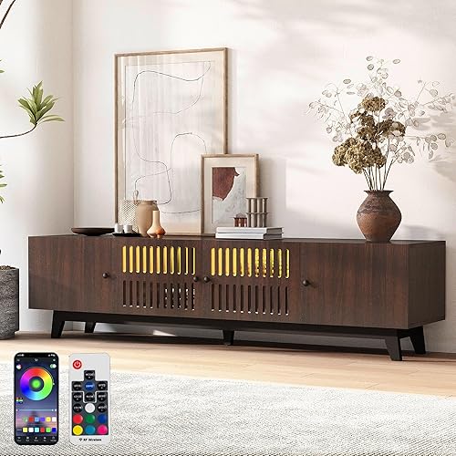 Miniatura 9 de Soporte de TV moderno de mediados de siglo de 65.4 pulgadas para TV de 7585 pulgadas, soporte de TV de madera maciza con luz LED sincronizada con