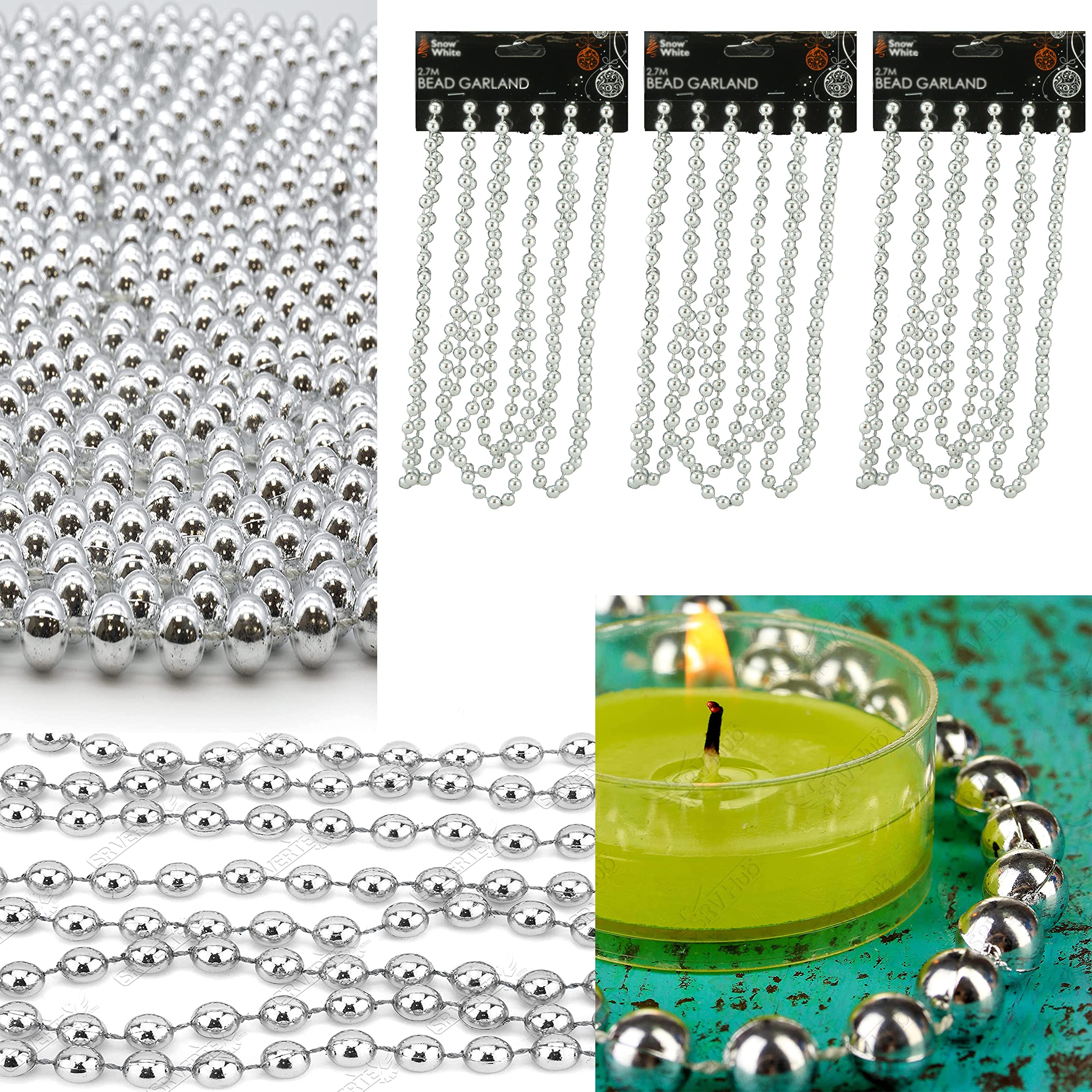 3Pk-Silver Ramazan Mubarak String decorations, 2.7M Shiny Pearl Beads Garlands for Eid Mubarak Gifts, Islamic festivals