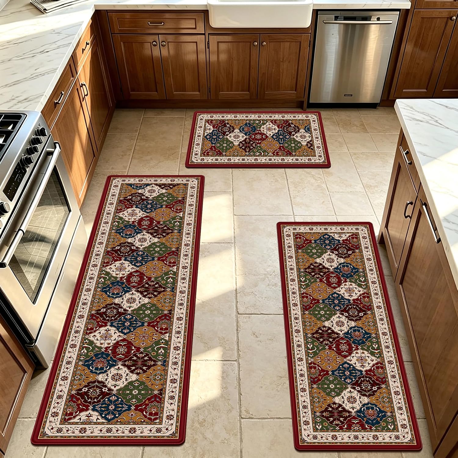 Vintage Boho Oriental PVC Kitchen Rugs, Set of 3, Rich Burgundy