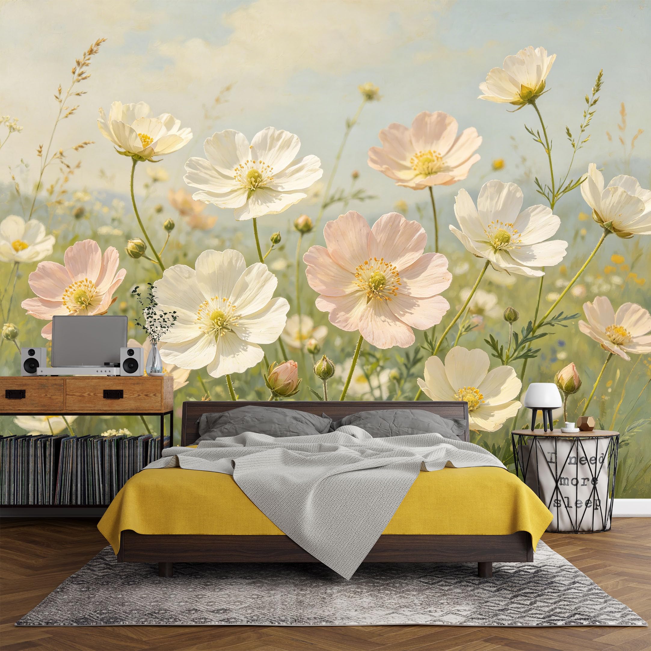 Custom Size Wall Mural， Botanical Pastel Wildflower Meadow Bloom Landscape，SelfAdhesive Art Prints wall Fabric (No PVC) Removable Wallpaper Living Room Decor