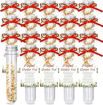 10 Sets Magical Reindeer Food Kit with Matching Card, Plastic Tube, Red Ribbon Roll, Christmas Eve Tradition for Kids, Holiday Party Favor, Fun Christmas Eve Activity, Stocking Stuffer