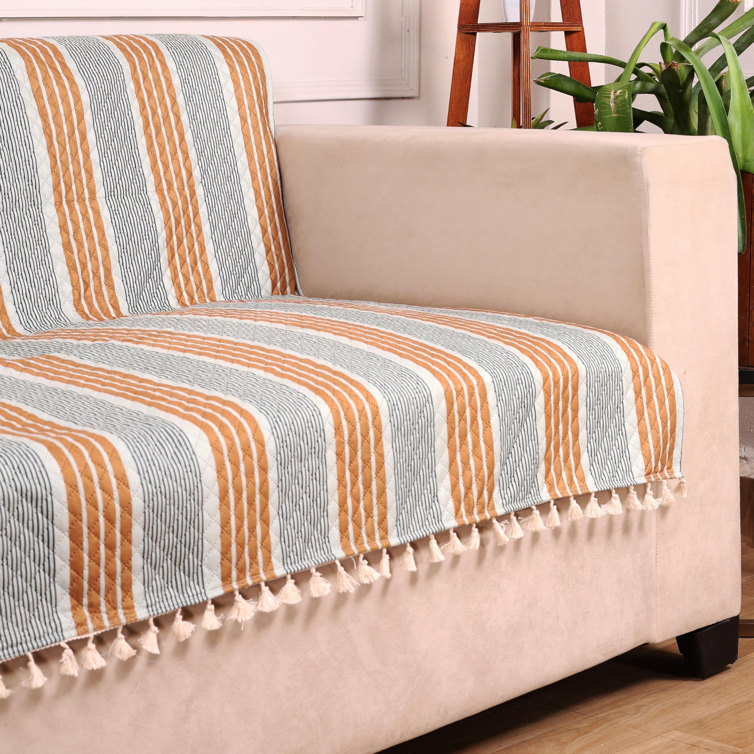 STITCHNEST Quilted Velvet Sofa Cover with Tassels – 70x60 Inch, Mustard & Grey Striped Design, Soft & Stylish, Washable Sofa Protector for 3-Seater