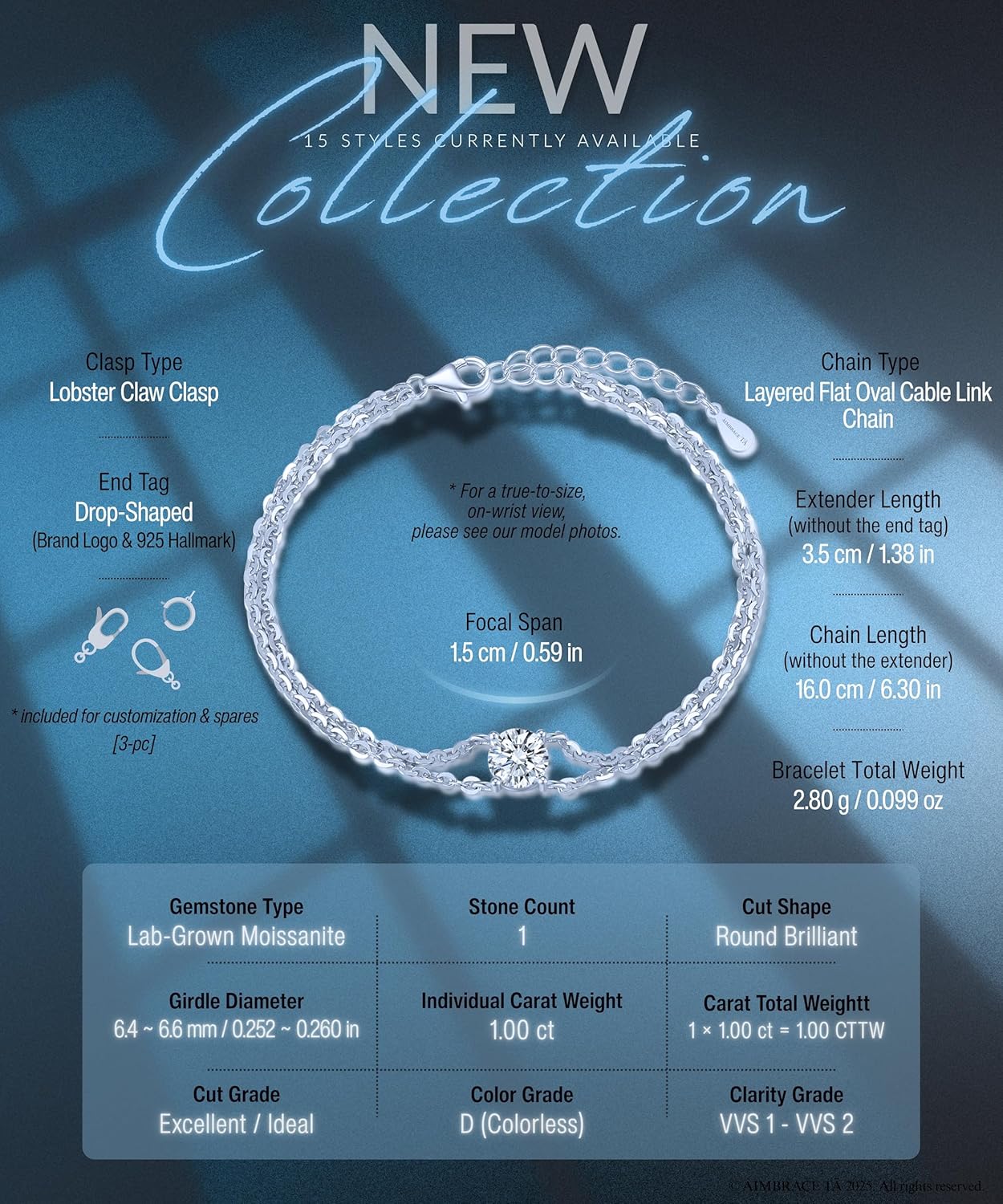 ÀIMBRACE Moissanite Bracelets for Women: Moissanite Link Charm Bracelet, 925 Sterling Silver/18K White Gold Plated/Rhodium Finish, Adjustable Double-Strand, Solitaire, Jewelry Gift Ideas for Women