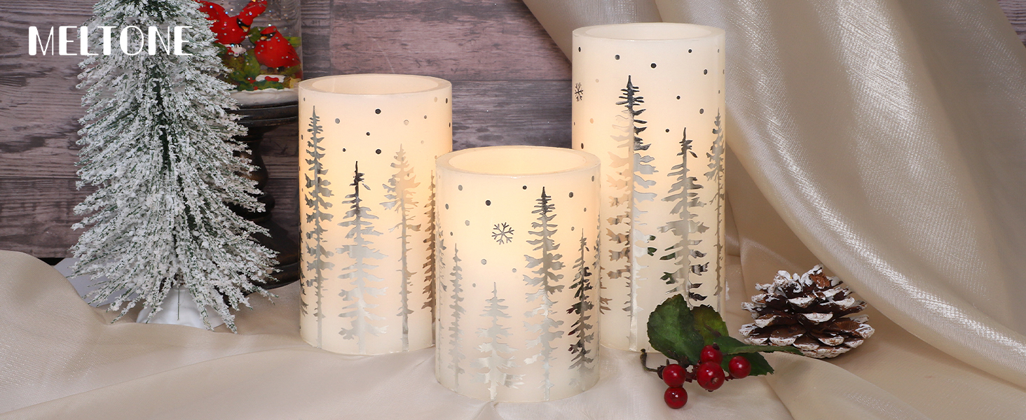 Image of Christmas Flameless Candles with Remote & Timer Flickering Real Wax LED Pillar Candles, Silver Christmas Tree Snowflake Battery Operated Candles, Xmas Gift Farmhouse Home Holiday Decoration - Set of 3