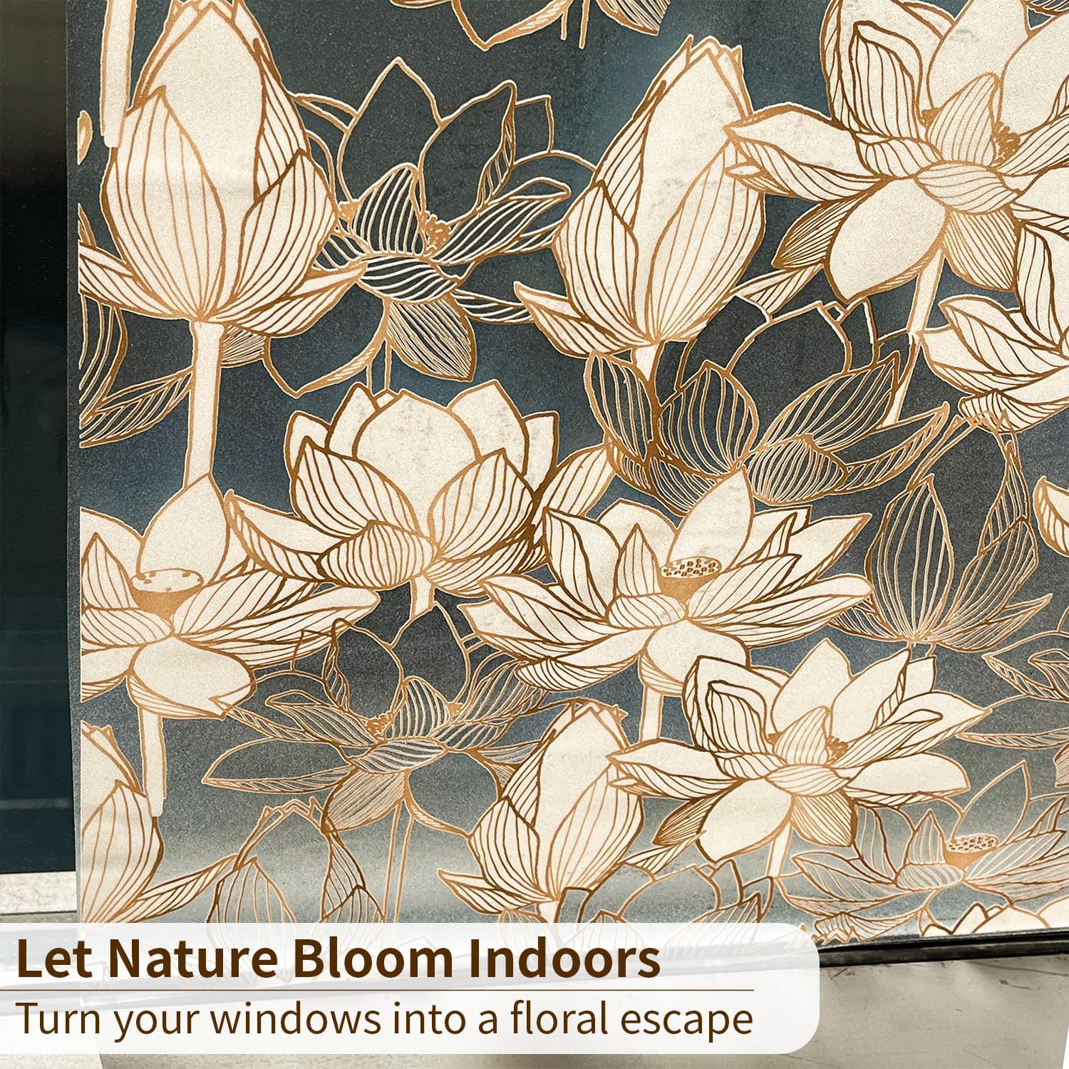 Golden Flower Privacy Window Film, Removable Static Cling Double-Sided Frosted Window Decal for Door Window Panes Glass Decor, 35.43 Inch Width, Lotus