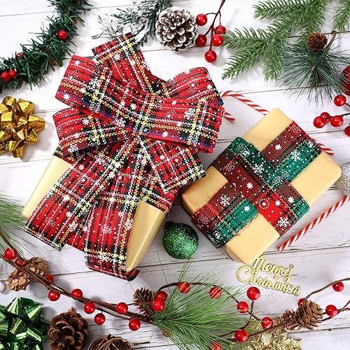 Miniatura 3 de 4 rollos de cinta de tela escocesa de Navidad con copos de nieve, cinta de arpillera de cuadros de Navidad para el árbol de Navidad, decoración de