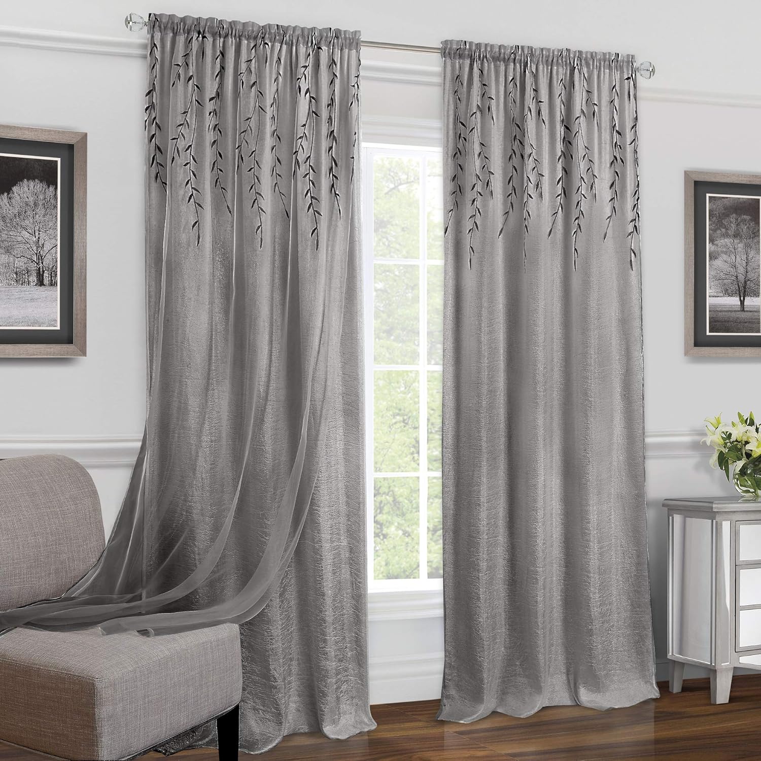 PowerSellerUSA 84L x 42W Inches Embroidered Double Layer Window Curtain Panels Set, 2-Pack Window Curtain Semi-Sheer Privacy Panels, Light Filtering Top Rod Pocket with Floral Pattern, Gray