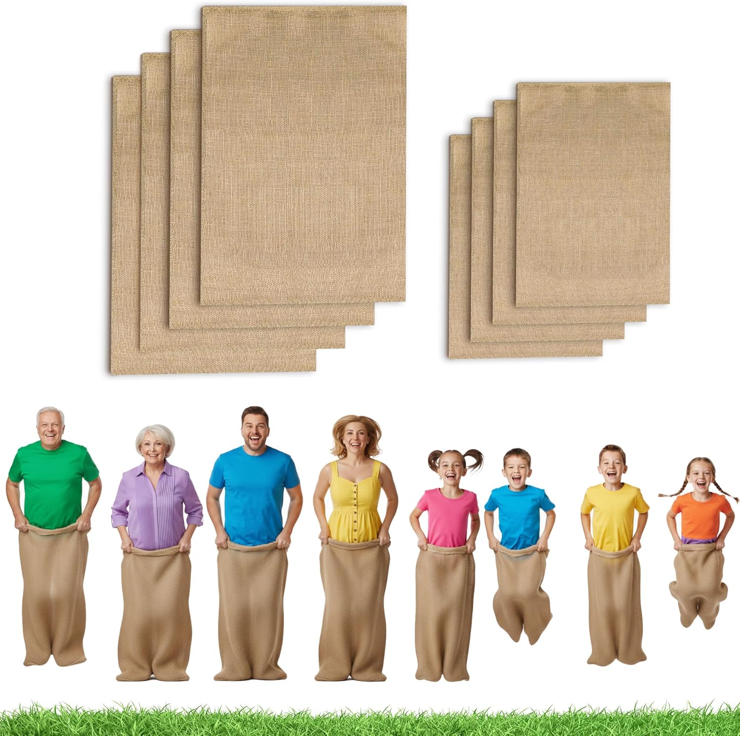4 Pack Kids Small & 4 Pack Adult XL Large Potato Sack Race Bags, Jute Burlap Sacks for Kids & Adults, Heavy-Duty, Outdoor Bags for Picnic, Playground, Family Reunion, Easter, Carnival Games,Garden Toy