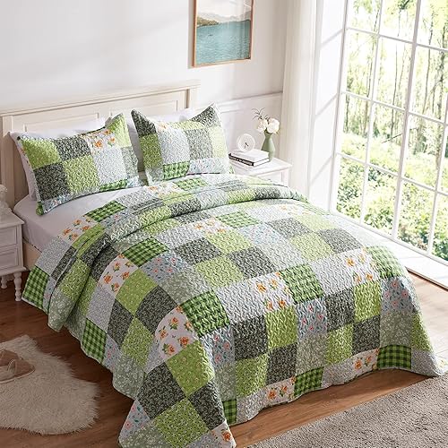 Vista 82 de SunStyle Home - Juego de colcha de cama de microfibra, ligero y suave, reversible, patrón de colcha, colchas para todas las estaciones. 01 - Verde