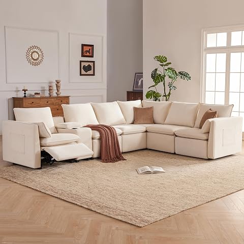 Beige 6-Seater Power Reclining Sectional Sofa Set with Storage Console