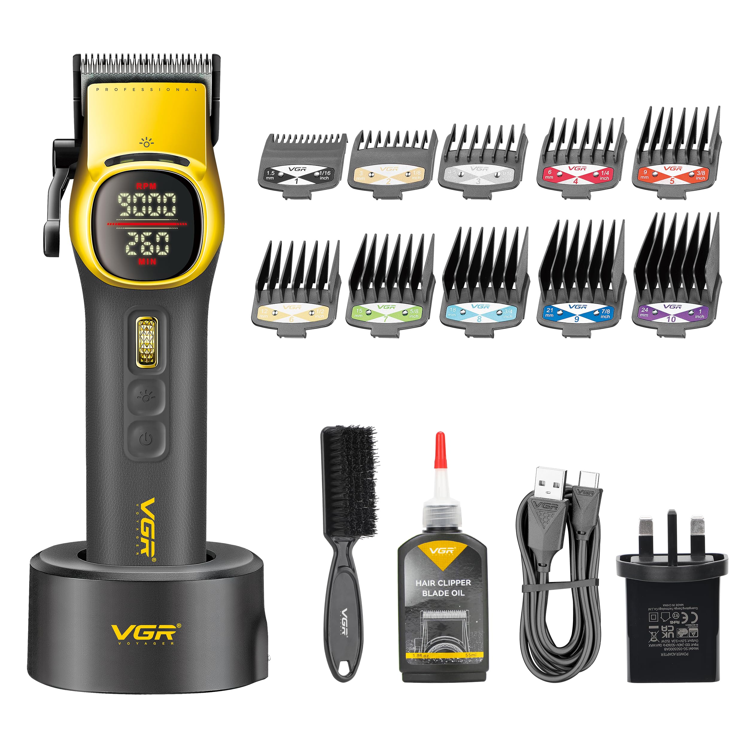 VGR Cortapelos para hombres inalámbrico recargable, kit profesional de corte de pelo para cortes de pelo de cabeza, decoloración y barba larga, palanca cónica, motor sin escobillas de 9000 rpm