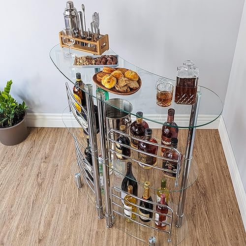 Miniatura 9 de Mango Steam Mesa de Bar para el Hogar - Unidad de Bar Contemporánea y Moderna para el Hogar, Barra de Licor con Estantes de Almacenamiento de 2