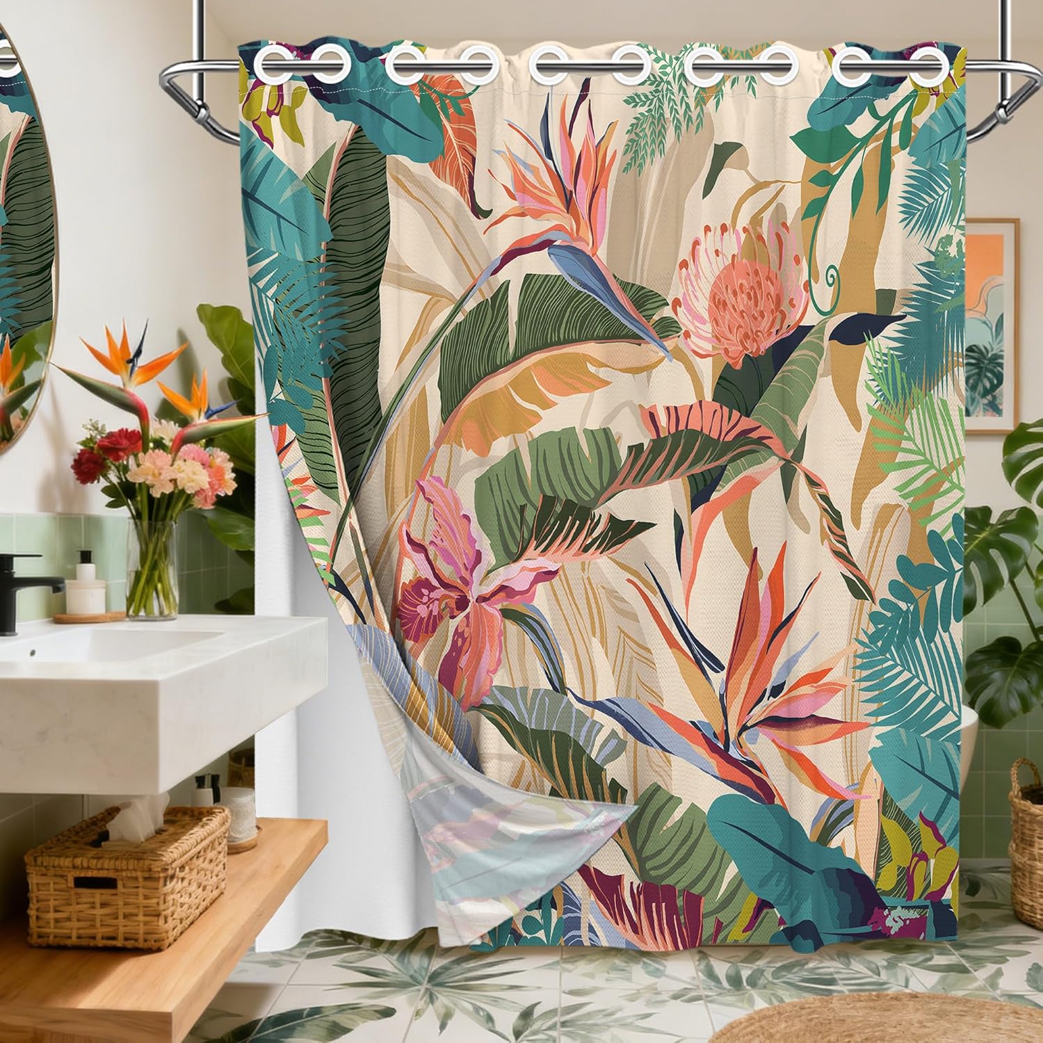 Tropical Hookless Shower Curtain with Snap in Liner Set, Palm Leaf No Hook Shower Curtains for Bathroom, Double Layer Ringless, Liner with Magnets, Waterproof Cloth Fabric, 71" W x 74" L