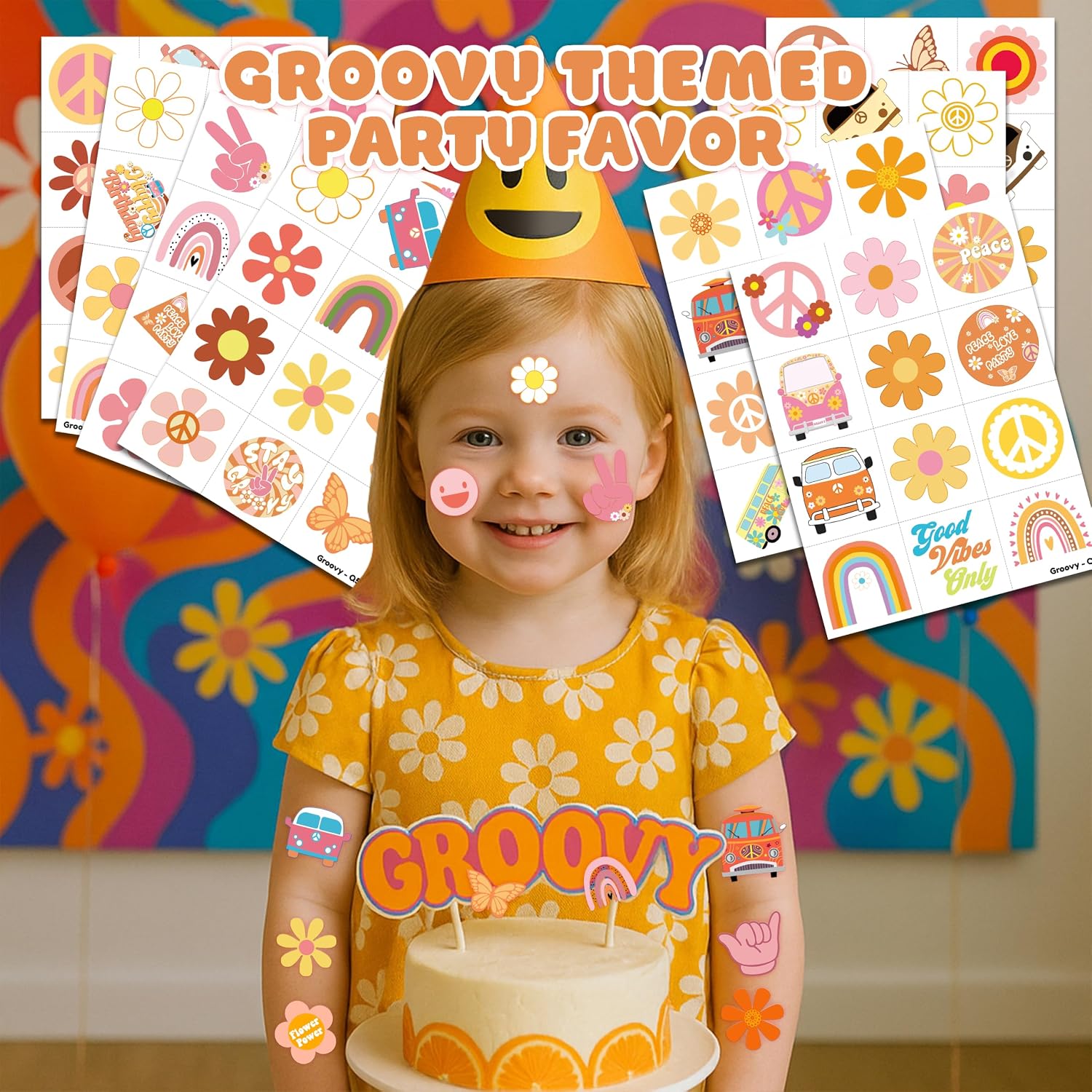 96 PCS Groovy Temporary Tattoos for Kids - Retro 60s 70s Hippie image 3
