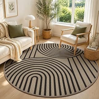 Carpet Round 63 in Jute Look Non-Slip Washable Living Room Rug Outdoor Zones Black Minimalist Rugs for Bedroom Living Room Kids Room Balcony & Outdoor