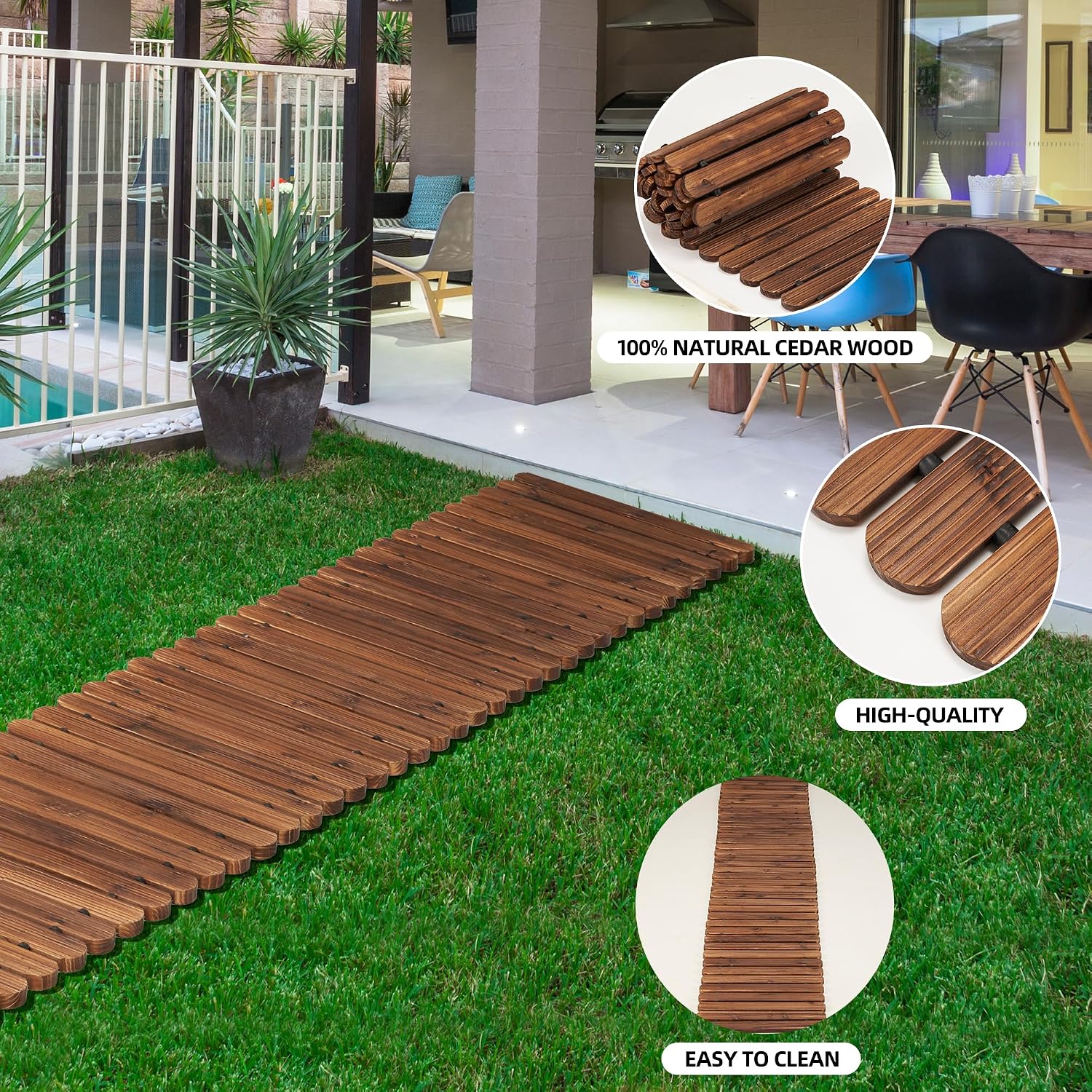 Spurgehom 12FT Wooden Pathway, Roll Out Cedar Straight Walkway, Patio Path Boardwalk,Weather-Resistant Outdoor Path for Backyard, Beach & Wedding Events