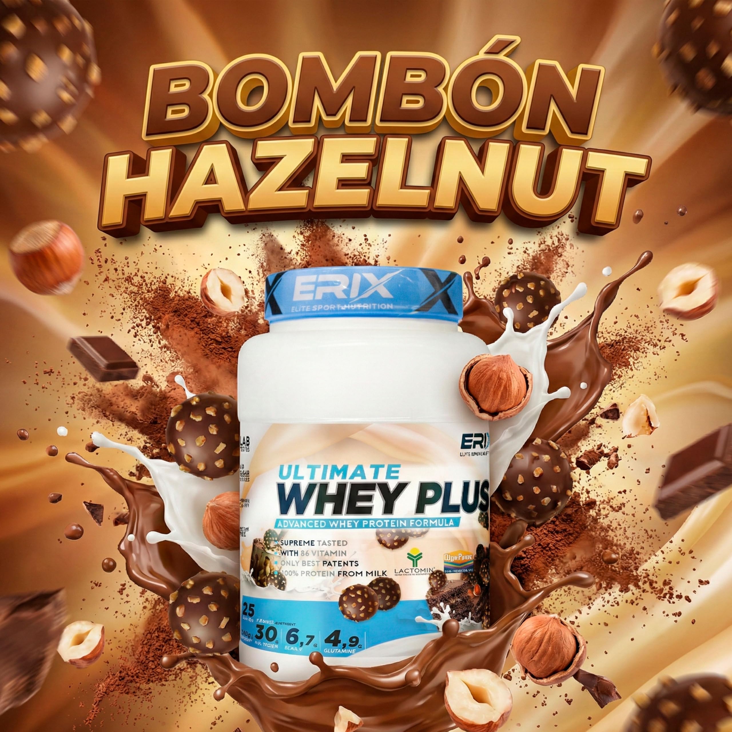 ERIX Nutrición Pack Musculación Whey Ultimate Plus 2Kg+ Creatina Creapure Neutra 300g+ Shaker, Proteína Suero de Leche para Rendimiento Deportivo y Volumen Muscular (Bombón hazelnut)