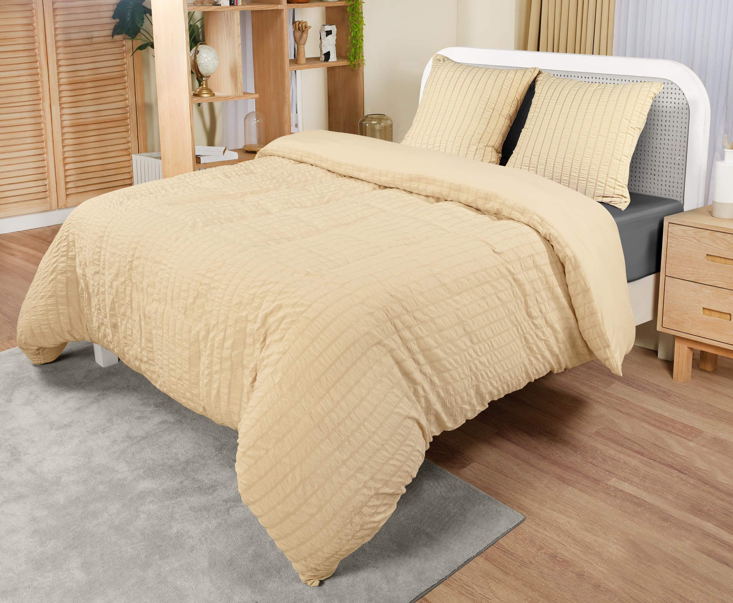 Utopia Bedding Seersucker Copripiumino Una Piazza e Mezza - Microfibra Copripiumino 200x200cm + Federe 80x80cm - Beige