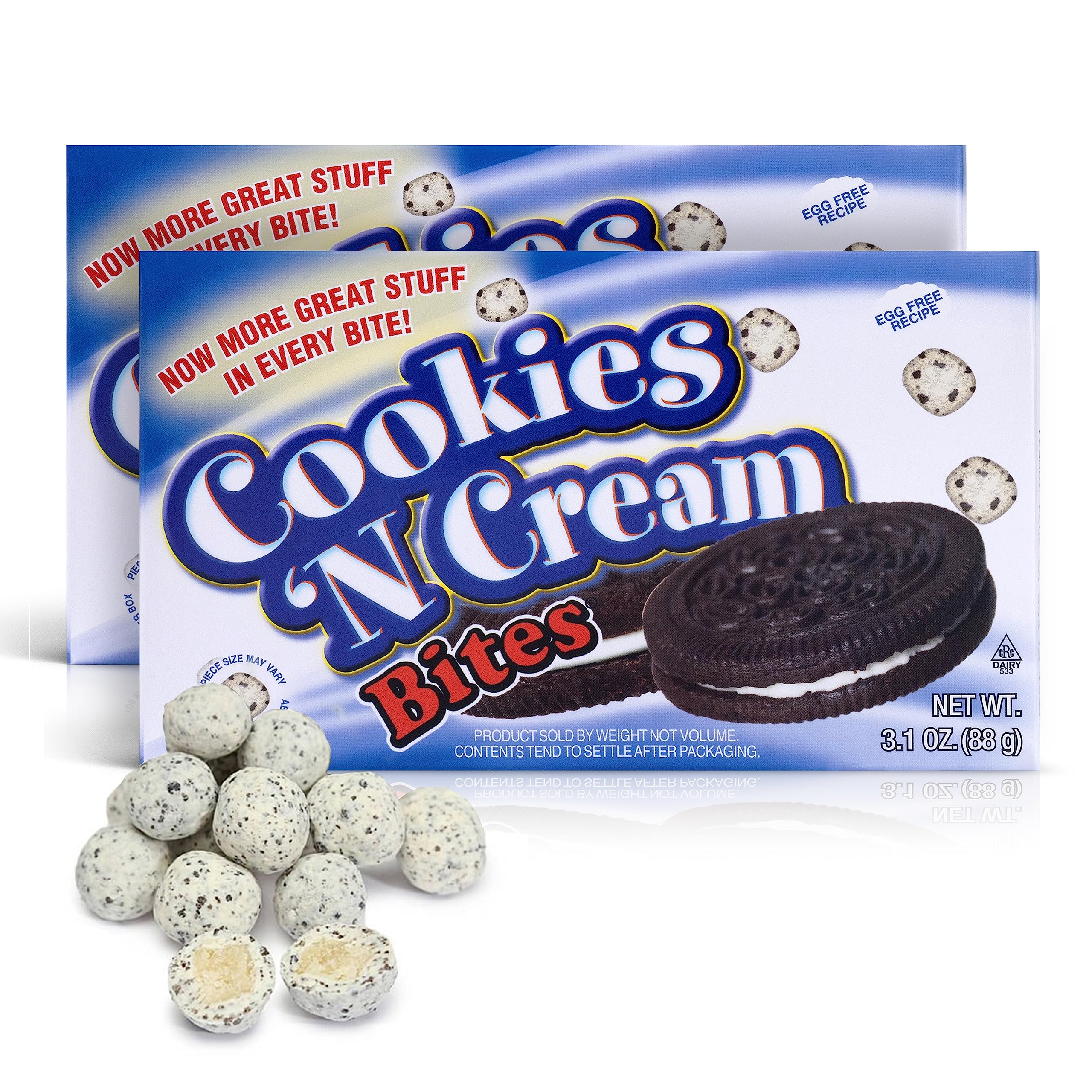 Movie Theater Candy Box - Cookies ‘N Cream Cookie Dough Bites w/Crunch Bites - Egg-Free Ice Cream Toppings for Movie Night, Parties - Cookie Dough Candy Movie Snacks - 2 Boxes, 3.1 ounces