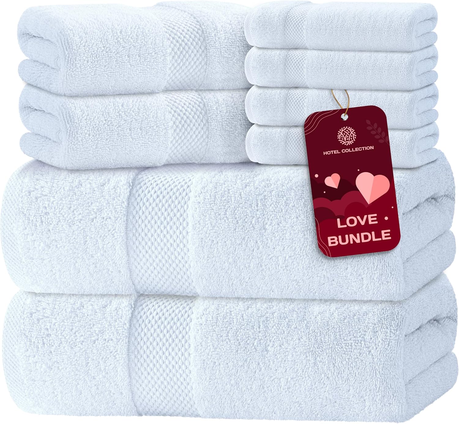 WhiteClassic 8-Piece Luxury Turkish Cotton Bath Towel Set - 700 GSM Ultra Absorbent, 2 Bath, 2 Hand, 4 Washcloths
