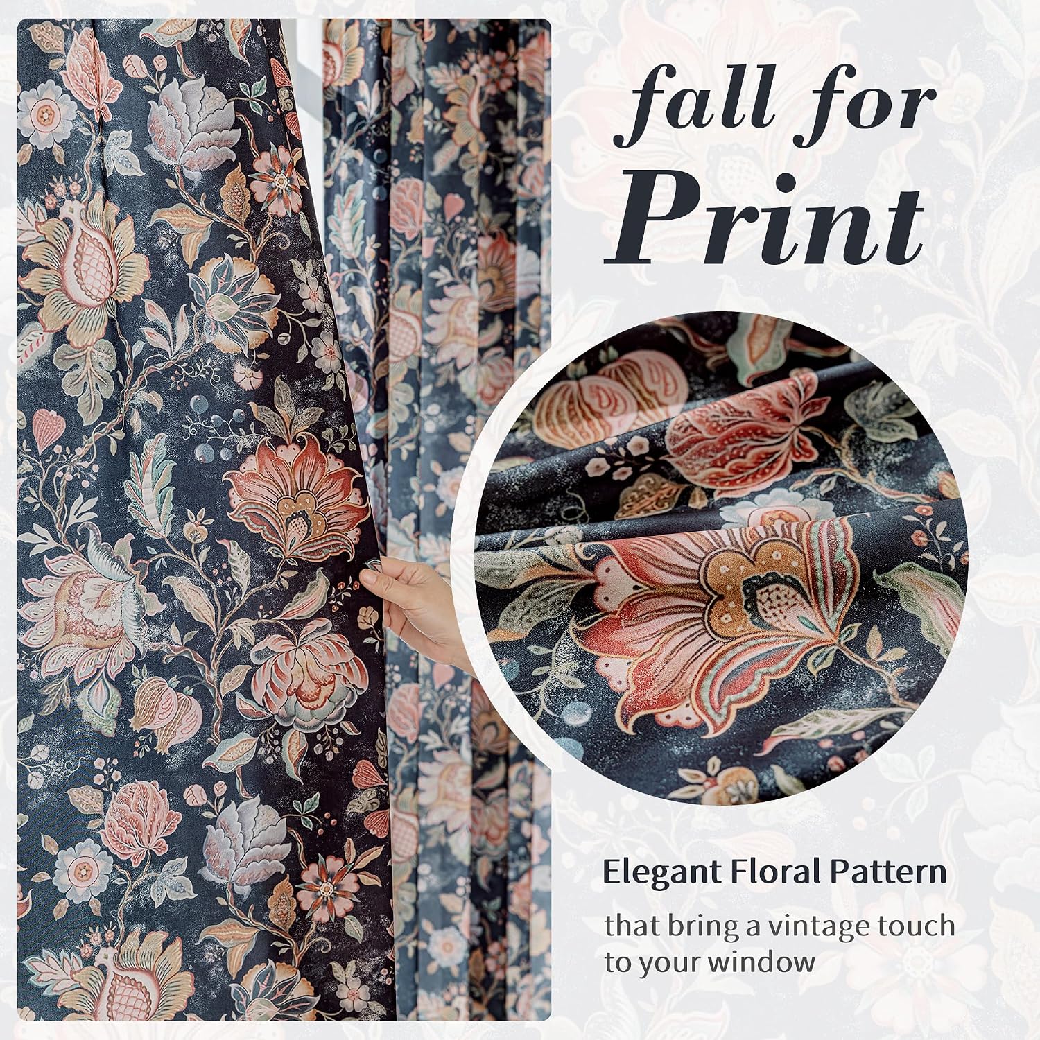 FMFUNCTEX Boho Floral Semi Sheer Curtains for Bedroom, Black Printed Vintage Flower Curtains 84 Inches Long for Living Room, Voile Light Filtering Privacy Window Drapes Rod Pocket 2 Panels