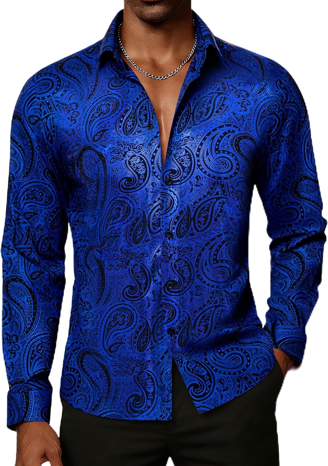 DiBanGu Mens Paisley Dress Shirt Luxury Printed Long Sleeve Button Down Shirts Regular Fit Shiny Shirts for Wedding Prom