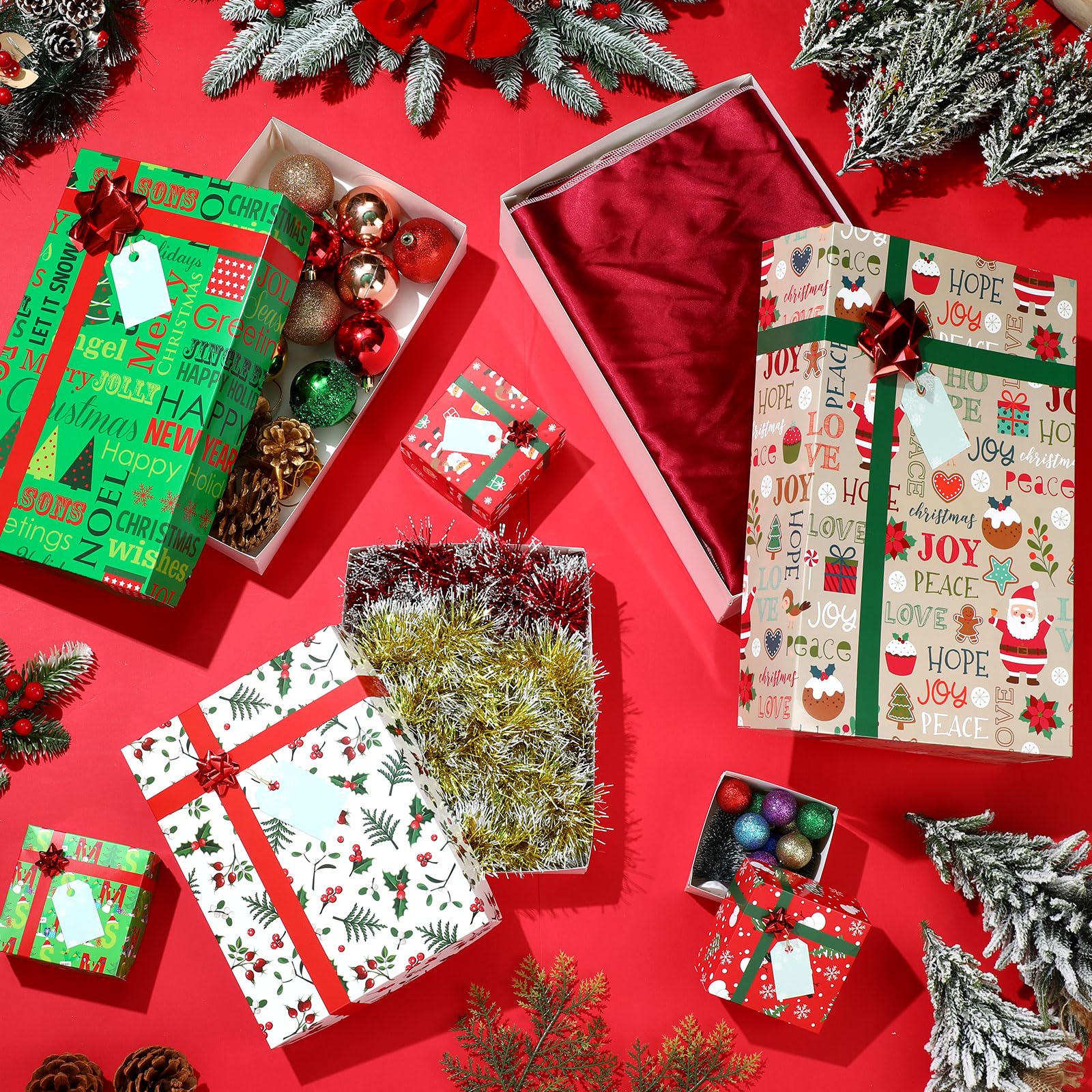 Lot de 24 boîtes cadeaux de Noël avec couvercles et nœuds rouges - Boîtes cadeaux de Noël - 4 tailles - Boîtes cadeaux de Noël pour emballer des cadeaux de Noël