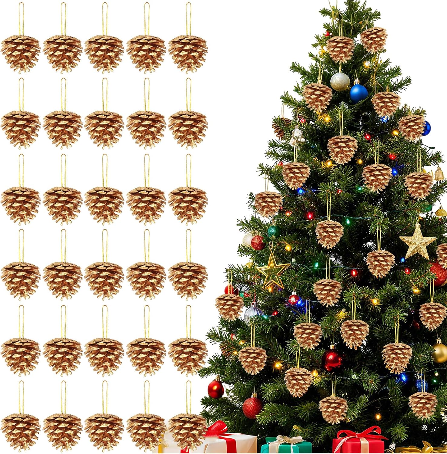 3Inch Christmas Natural Pine Cones Picks, 30Pcs Snow Pine Cone Hanging with String Pinecone Christmas Tree Decorations Home Holiday Party DIY