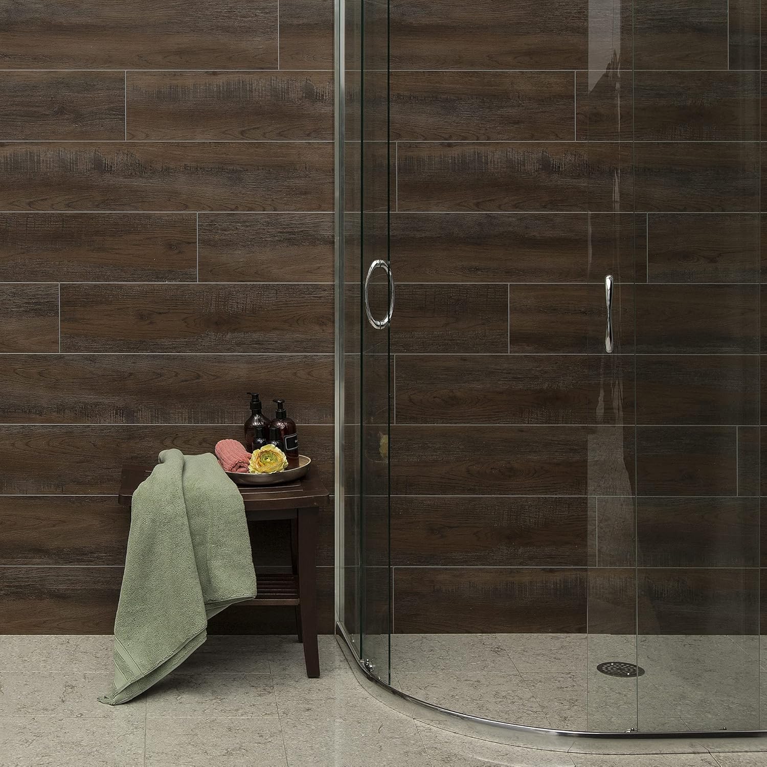 Palisade 46.7 in. x 7.2 in. Interlocking Vinyl Plank Shower and Tub Surround Kit in Oak Mocha