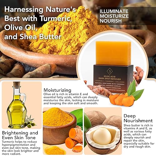 Miniatura 3 de Jabón orgánico de miel y cúrcuma con ácido kójico. Barras de jabón eliminadoras de manchas oscuras con vitamina C, retinol, colágeno, cúrcuma,