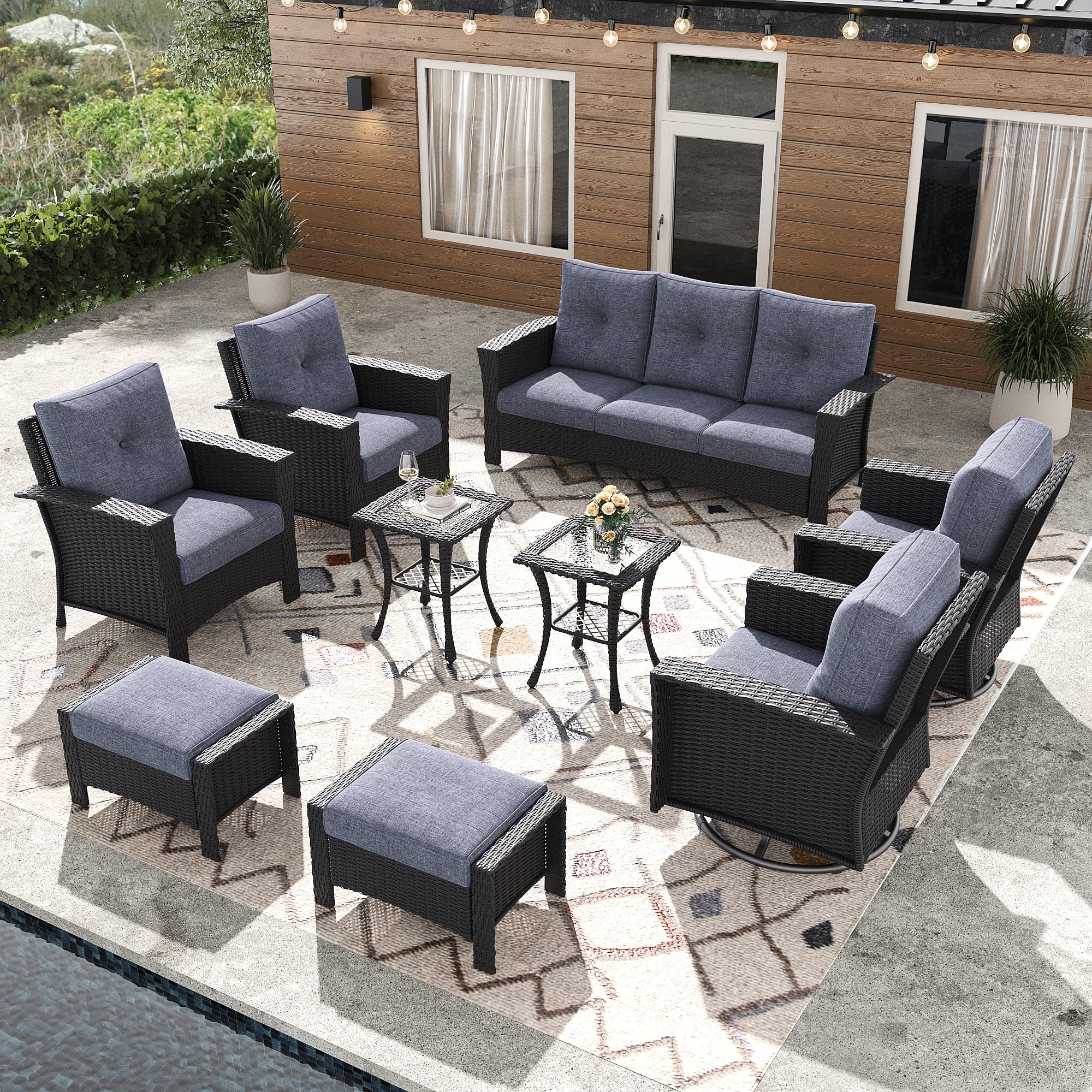 FUARTIO 9 Pieces Outdoor Patio Furniture Set, Wicker Patio Sectional Set Conversation Wicker Swivel Chairs with Small Side Table