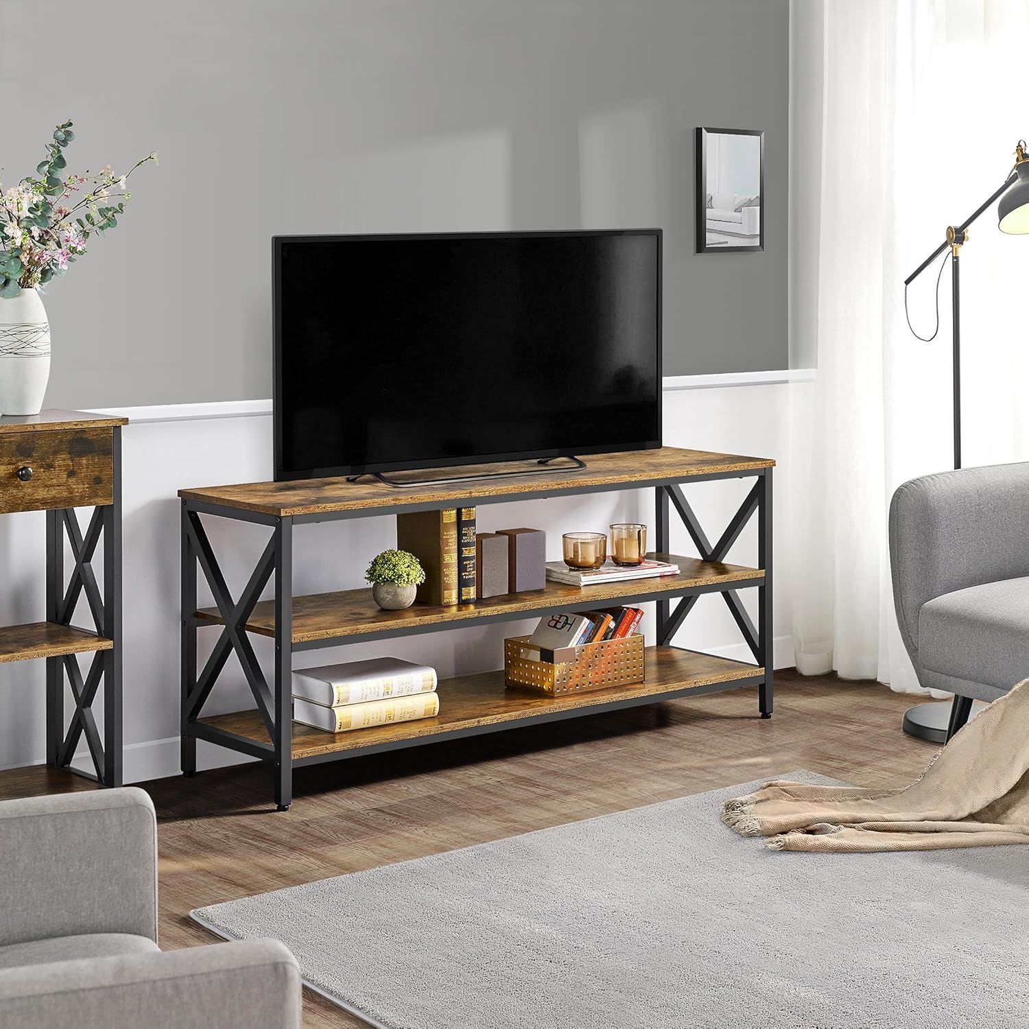 Yaheetech Industrial TV Stand for TV up to 65 inch, 55" TV Cabinet with 3 Tier Storage Shelves for Living Room, Entertainment Center TV Console Table with Metal Frame, Rustic Brown : Home & Kitchen