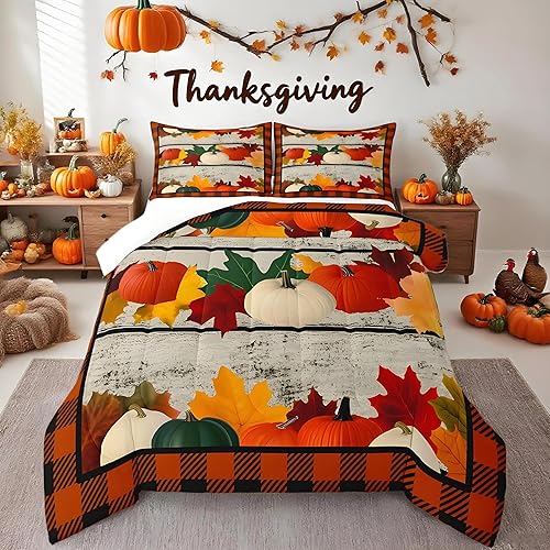Juego de ropa de cama de calabaza, juego de edredón geométrico a cuadros para niños y niñas, decoración de festival de calabaza de otoño, juego de