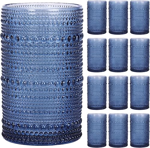 Vista 13 de Moretoes Juego de Vasos para Beber Hobnail de 12, Vasos Altos de 12 Oz Transparentes con Relieve Embosado Estilo Boho, Vasos de Agua para Cocina y 1