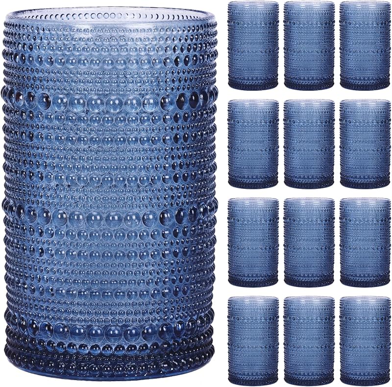 Moretoes12 Pack 12 Oz Blue Hobnail Drinking Glasses Set,Water Glass Cups | Highball Glasses Embossed Boho Kitchen Bar Tumbler Glassware Set for Whiskey, Beer, Juice, Milk and Various Mixed Drinks
