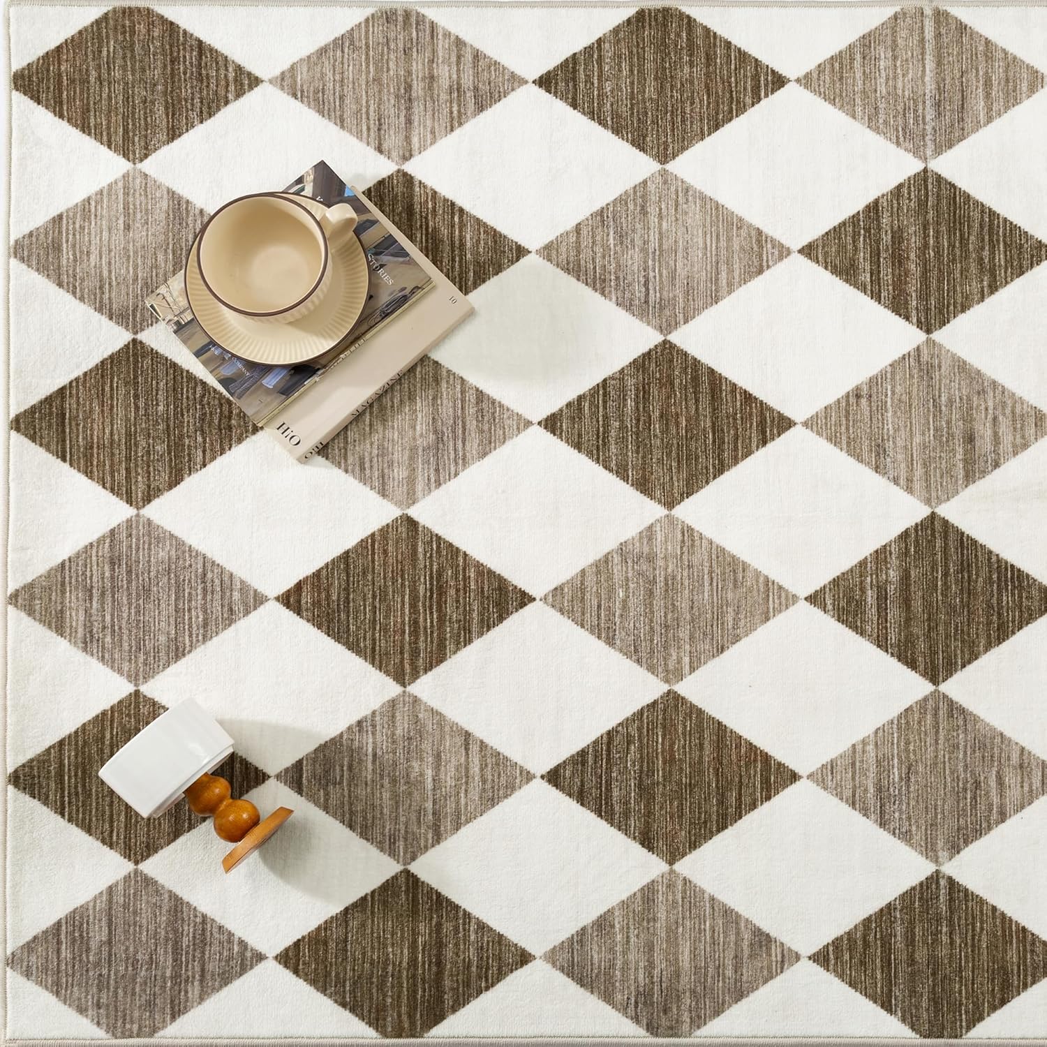 2x6 Checkered Brown Runner Rug for Living Room Bedroom Washable Soft Modern Non Slip Runner Rug Lightweight Low Pile Neutral Runner Entrance Dinning Laundry Room Kitchen Hallway